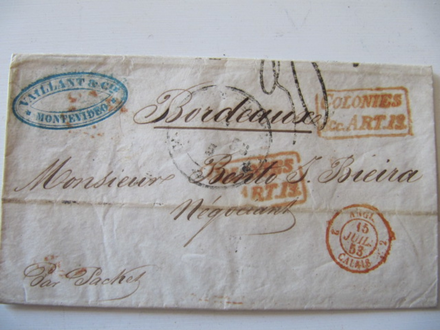 MARQUE POSTALE  LETTRE  MONTEVIDEO   Vers  BORDEAUX   1853 - 1801-1848: Précurseurs XIX