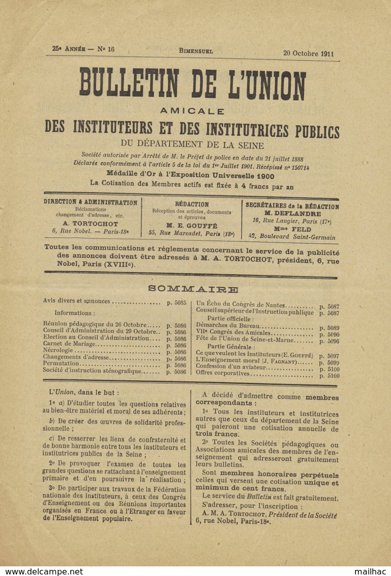 Bulletin De L'Union Des Instituteurs & Des Institutrices Publics De La Seine - Oct. 1911 - Voir 2 Scans - 1900 - 1949