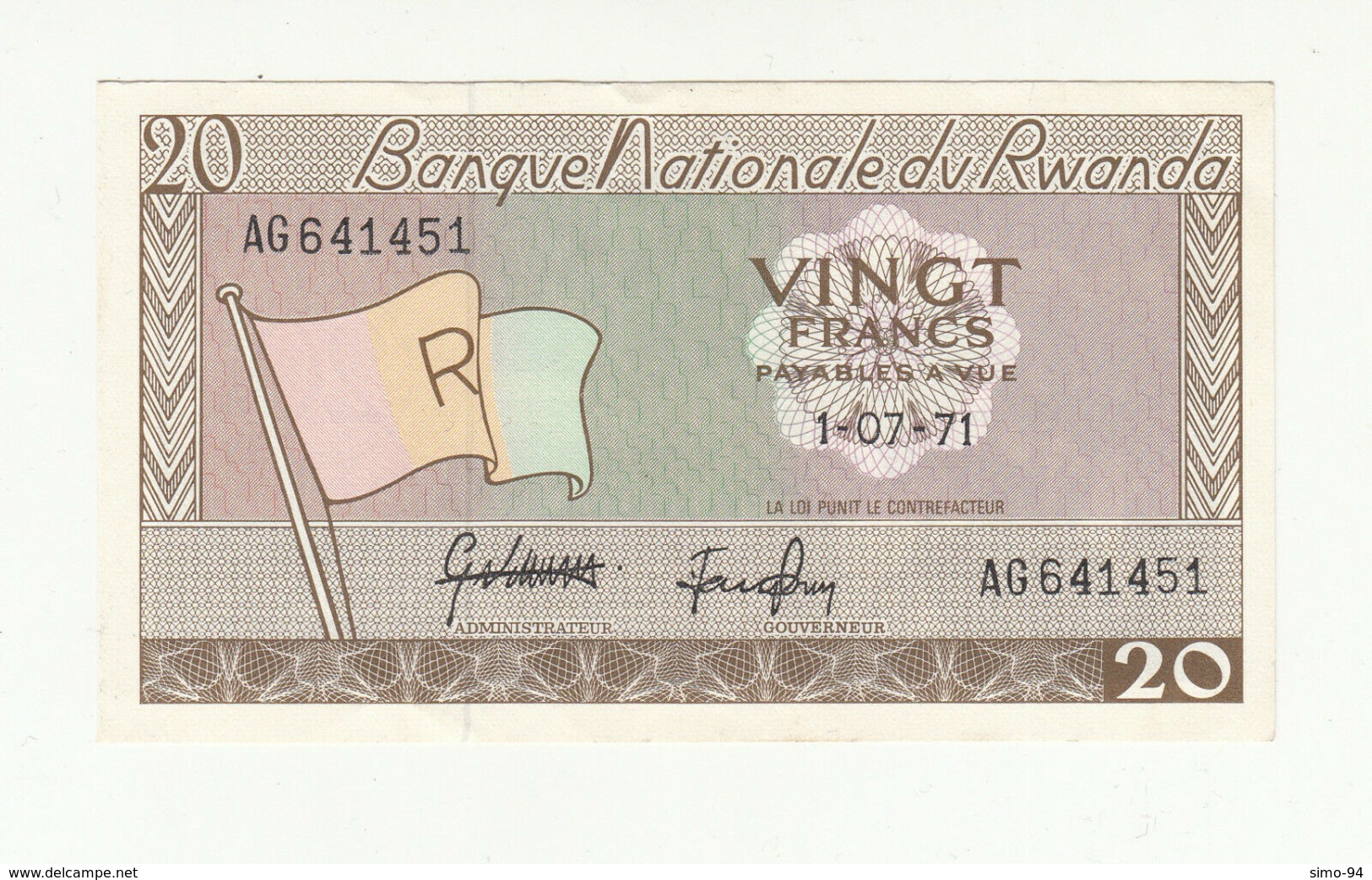 Rwanda P.6 20 Francs 1971 Au - Rwanda