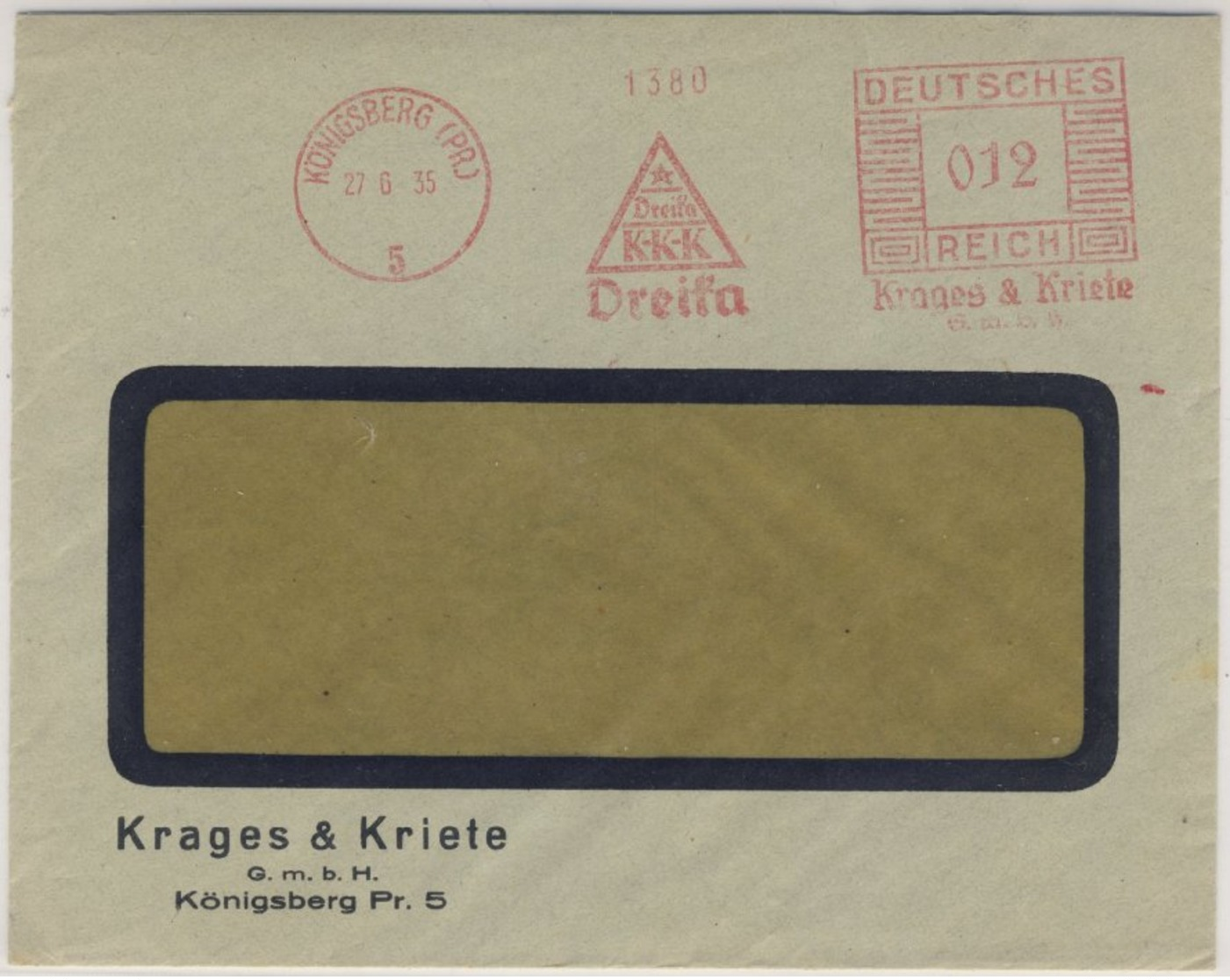 DR - 12 Pfg. AFS "Dreika - Krages&Kriete", Brief Königsberg 1935 - Fensterkuvert - Maschinenstempel (EMA)