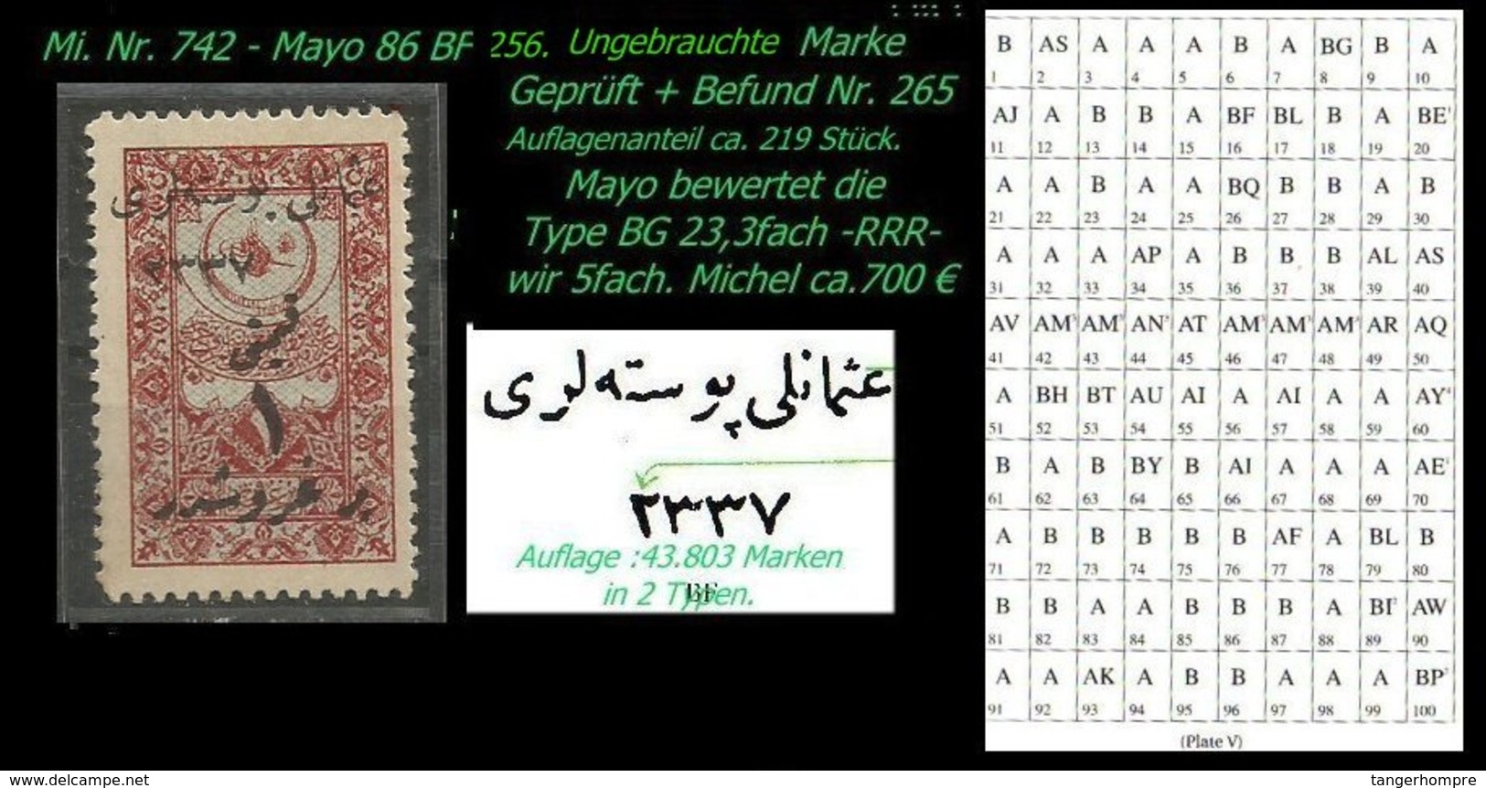 EARLY OTTOMAN SPECIALIZED FOR SPECIALIST, SEE...Mi. Nr. 742 - Mayo 86 BF - Auflagenanteil Nur 219 Stück -RRR- - 1920-21 Anatolie