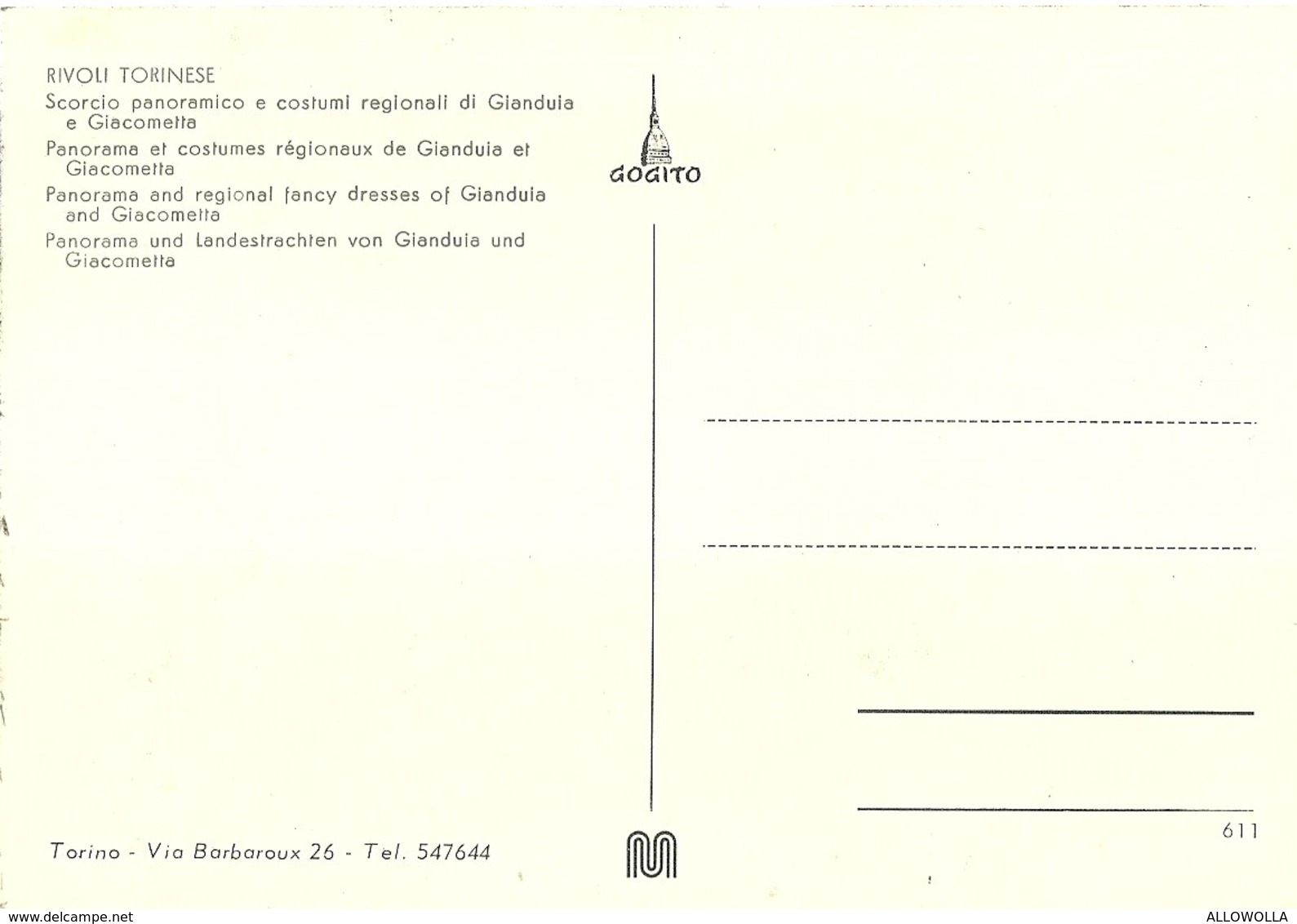 3078 "RIVOLI-SCORCIO PANORAMICO E COSTUMI REGIONALI DI GIANDUIA E GIACOMETTA " ANIMATA CARTOLINA POST. ORIG. NON SPEDITA - Rivoli