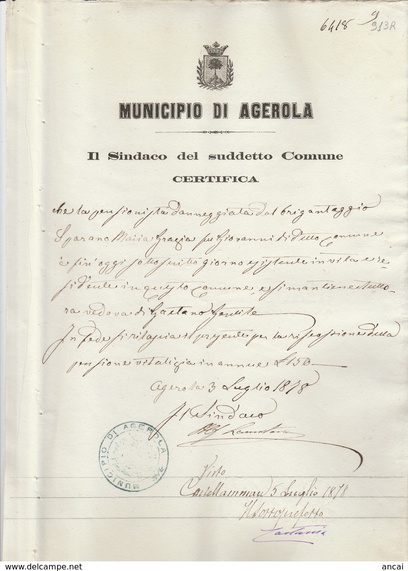 Agerola. 1878. Certificato Di "esistenza In Vita" Per Pensione Per Danneggiati Da Brigantaggio. - Historische Documenten