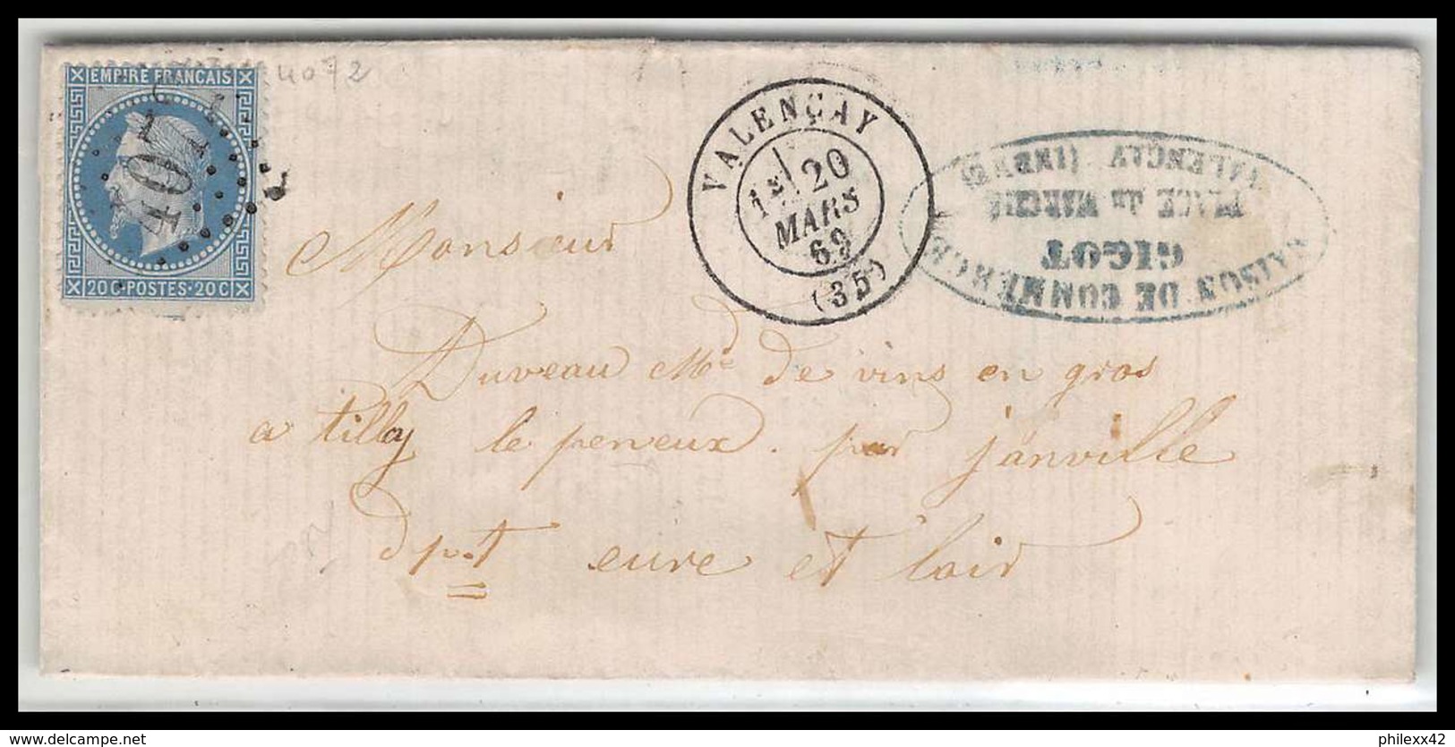 LAC Lettre Cover France 1365 Indre Napoléon N°29 T2 GC 4072 VALENCAY Pour JANVILLE Convoyeur Perigueux 20/3/1869 - 1849-1876: Période Classique