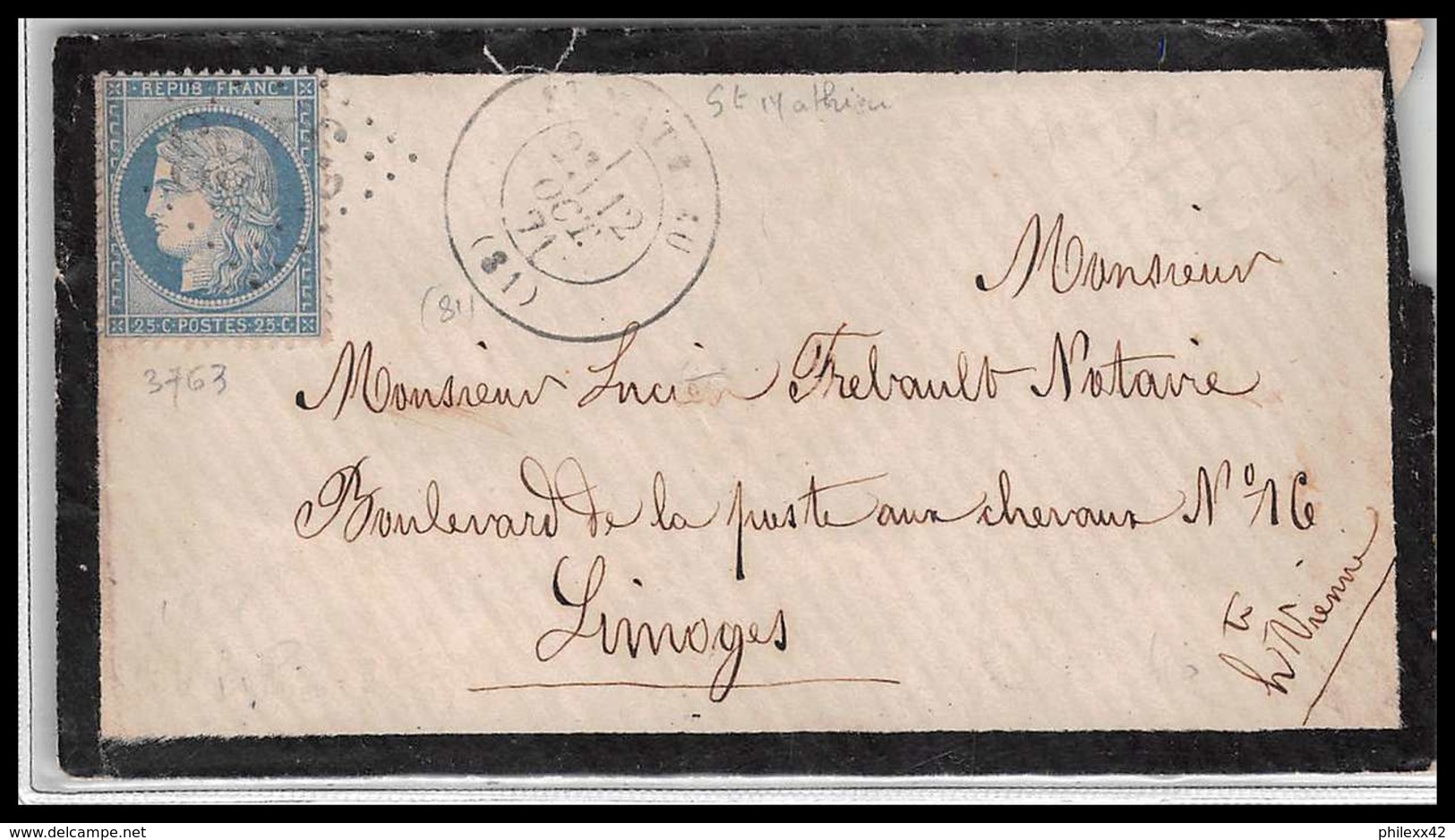 LSC Lettre Cover France 2131 Haute-Vienne Cérès N°60 T3 Tb Gc 3763 Saint-Mathieu Pour Limoges Haute Vienne 12/10/1871 - 1849-1876: Période Classique