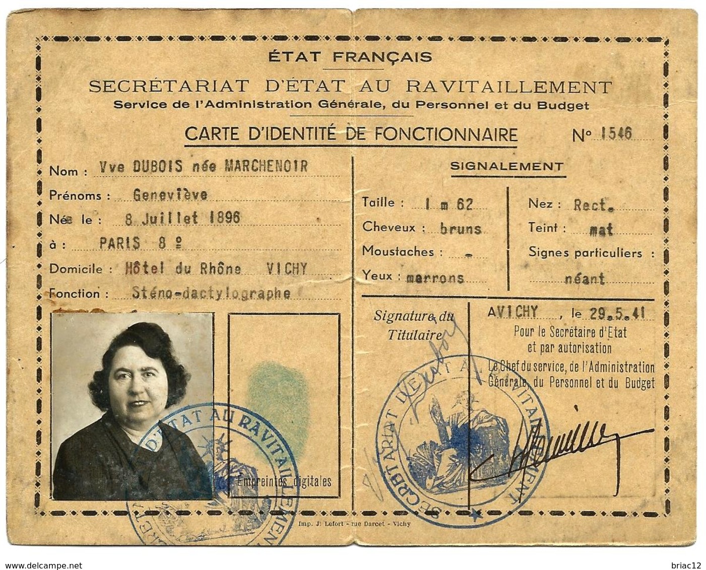 Etat Français, Secrétariat D'Etat Au Ravitaillement, Carte D'identité De Fonctionnaire N°1546 - 1939-45