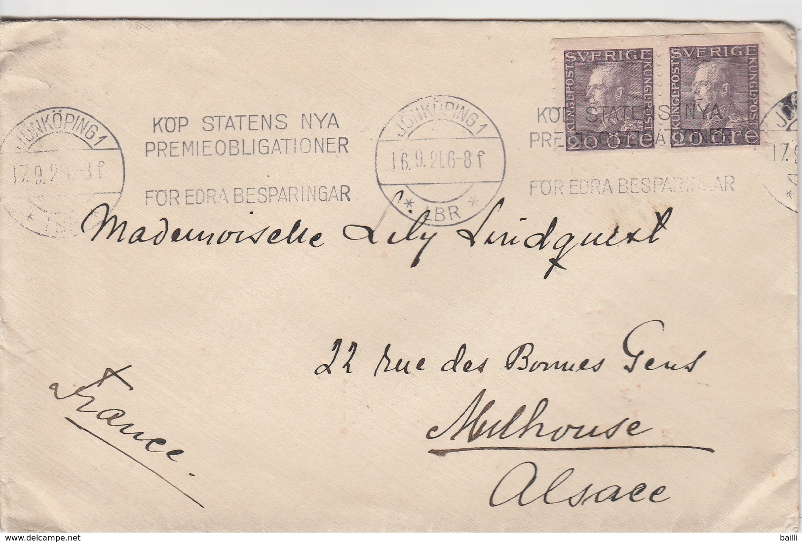Suède Lettre Pour L'Alsace 1921 - 1920-1936 Coil Stamps I