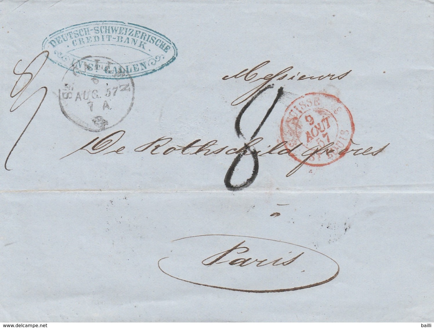 Suisse Lettre St Gallen + Cachet D'entrée En France Suisse/St Louis 1857 - Marcophilie