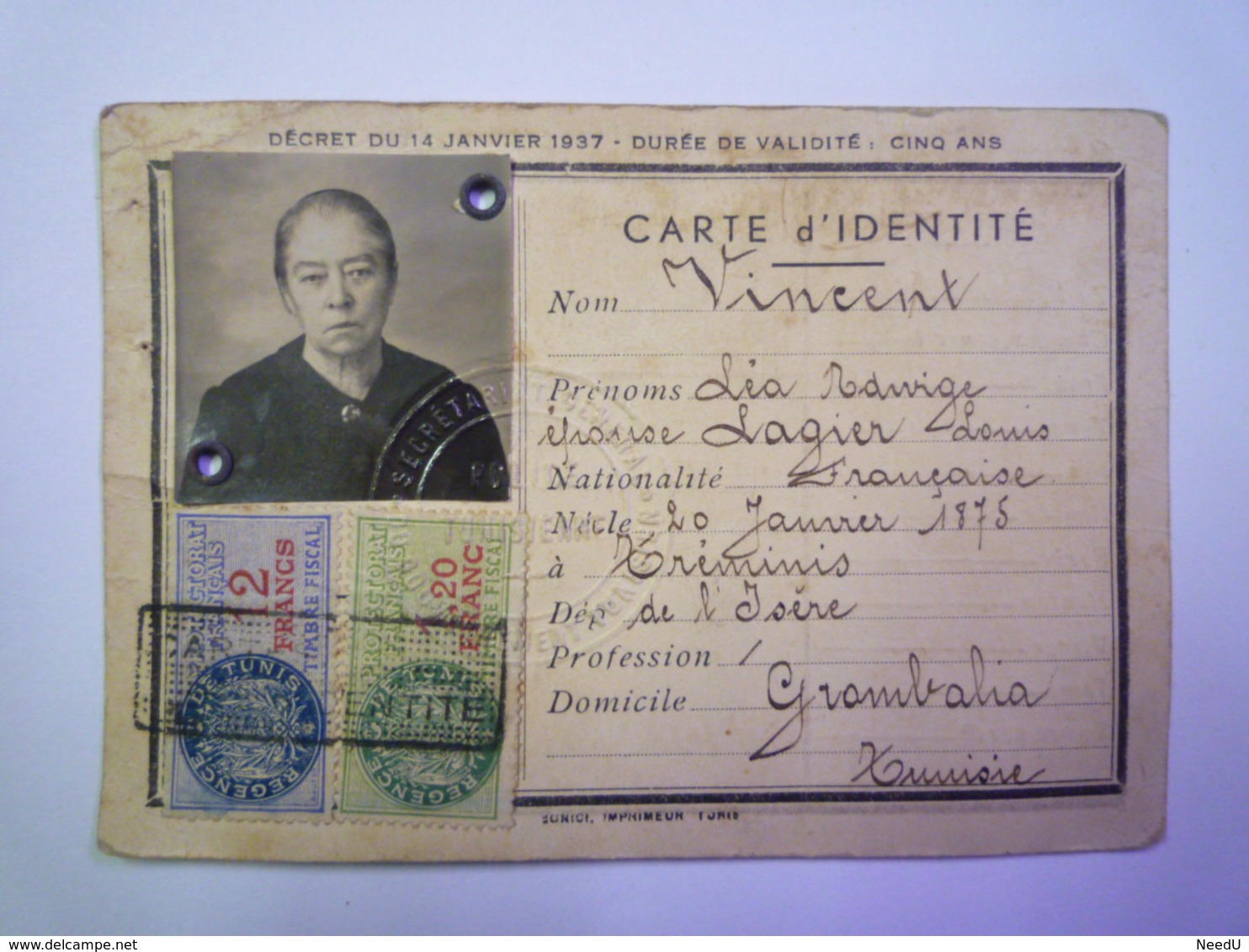 GP 2019 - 703  REGENCE De TUNIS  :  CARTE D'IDENTITE Avec Timbres Fiscaux  1940   XXXXX - Unclassified