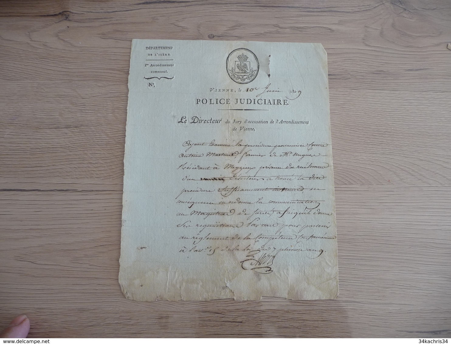 Police Judiciare Vienne Isère 10/06/1809 Déserteur En L'état - Documents Historiques