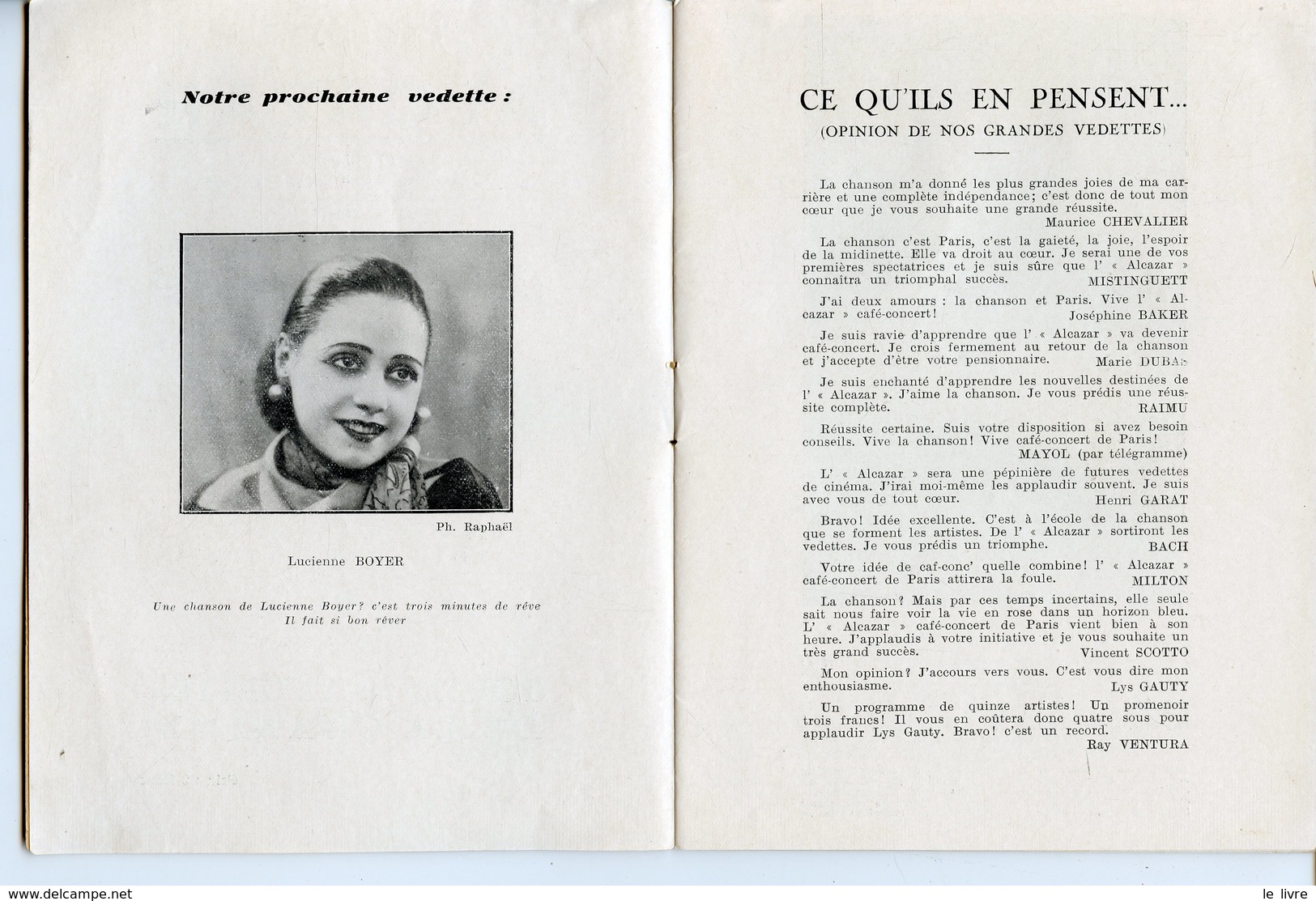 RARE PROGRAMME DE L'EPHEMERE "ALCAZAR DE PARIS" DE HENRI VARNA DECEMBRE 1934. LUCIENNE BOYER FREHEL GILLES ET JULIEN - Programma's