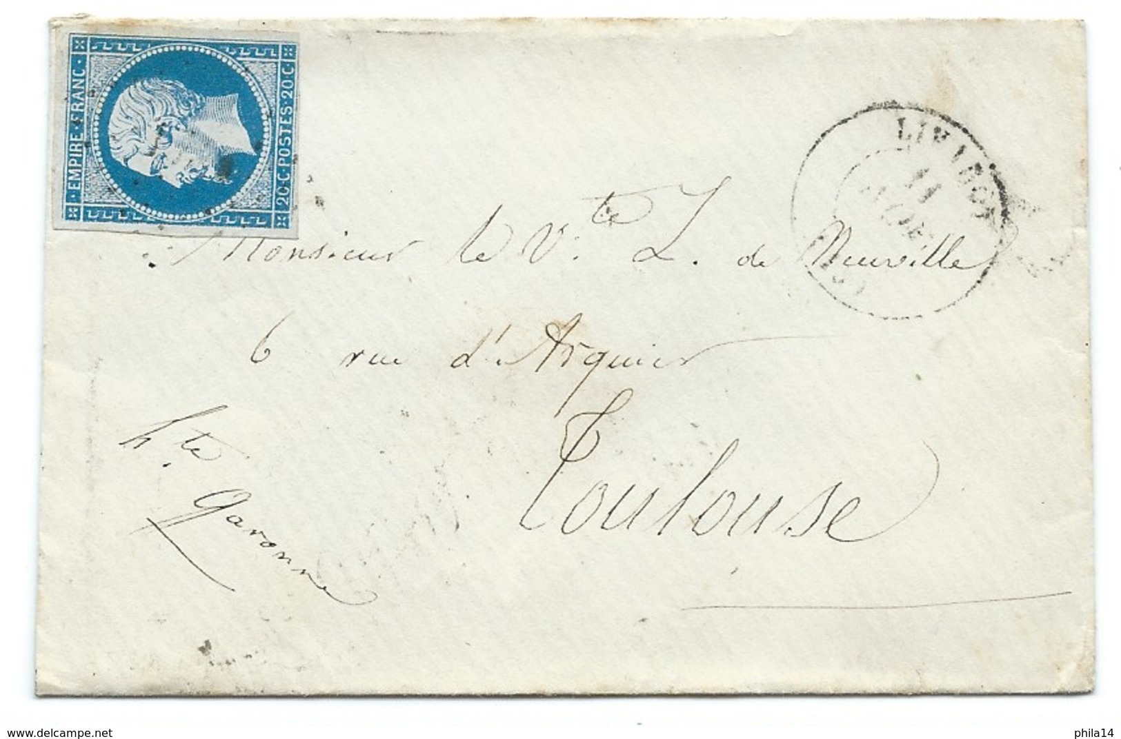 N° 14 BLEU NAPOLEON SUR LETTRE / LIVAROT POUR TOULOUSE  / 11 NOV 1859 - 1849-1876: Classic Period