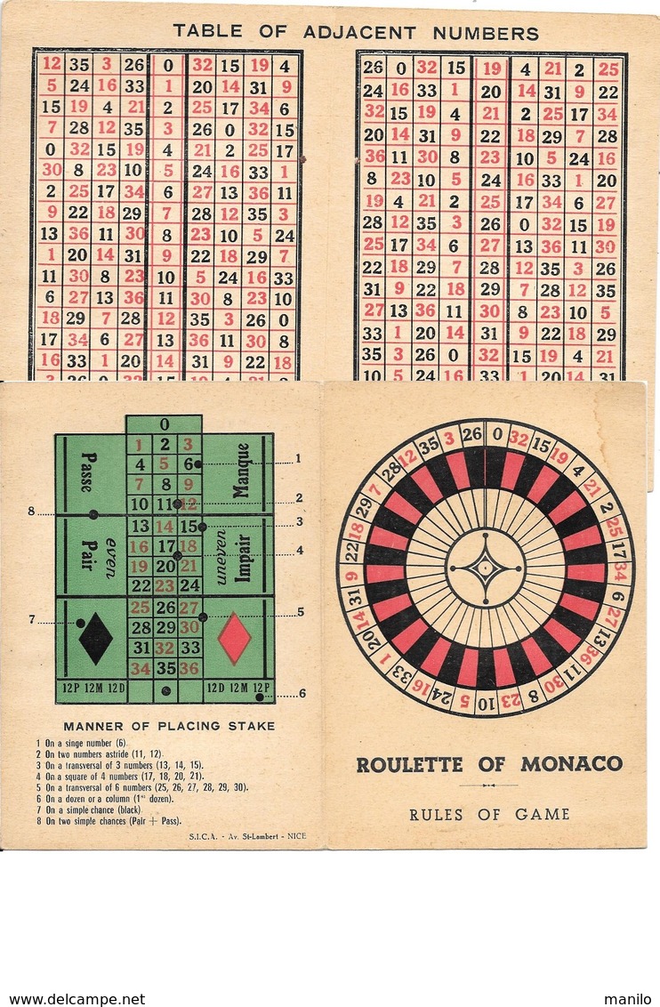 REGLE DU JEU - ROULETTE OF MONACO Avec TABLE OF ADJACENT NUMBERS - Autres & Non Classés