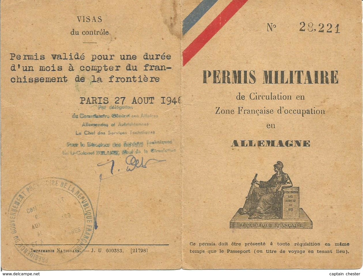 Permis Militaire De Circulation En Zone Française D'Occupation En Allemagne 1946 - Documents