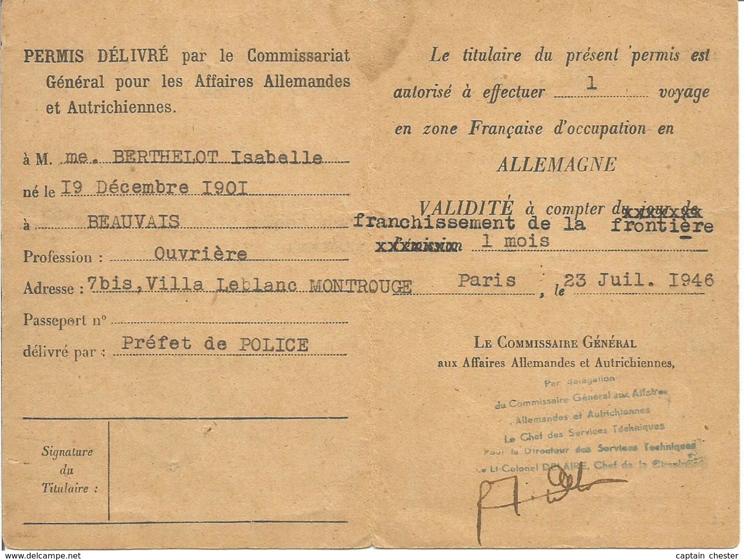 Permis Militaire De Circulation En Zone Française D'Occupation En Allemagne 1946 - Documents