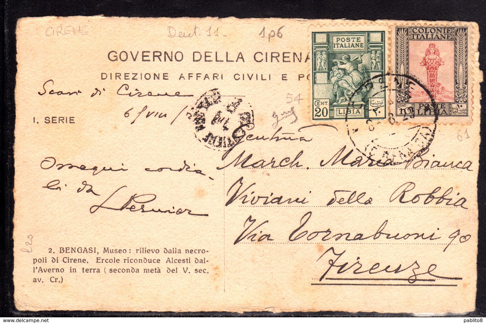 LIBIA 8 8 1929 CARTOLINA BENGASI MUSEO NECROPOLI DI CIRENE ERCOLE CARD FIRMATO SIGNED - Libya