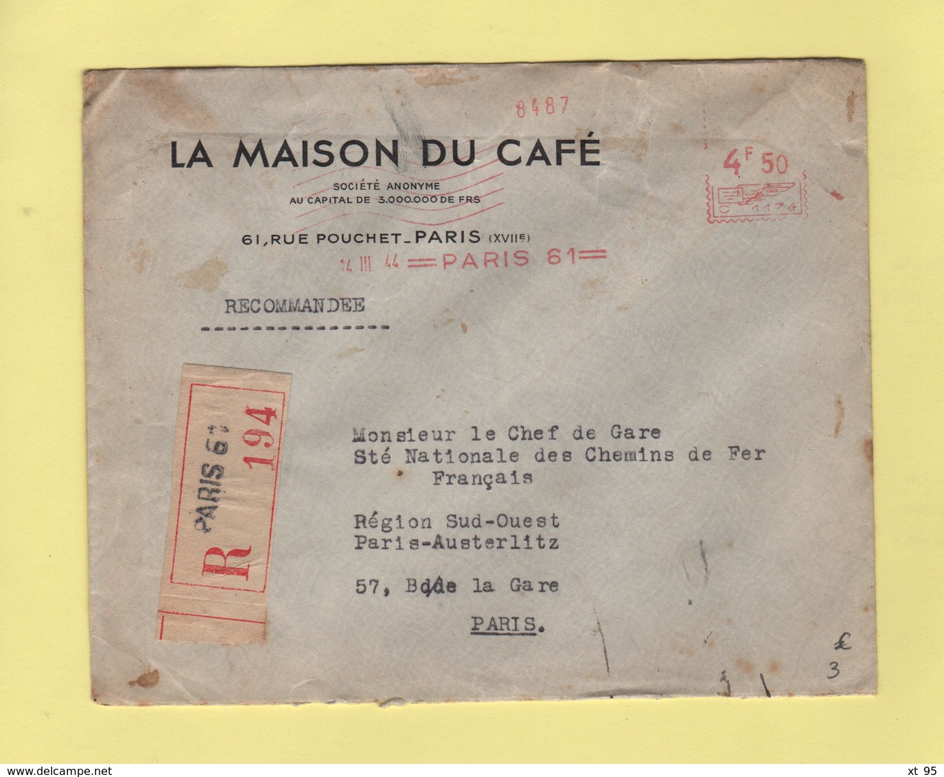 EMA - Machine C - La Maison Du Cafe - Recommande - 1944 - EMA (Empreintes Machines à Affranchir)