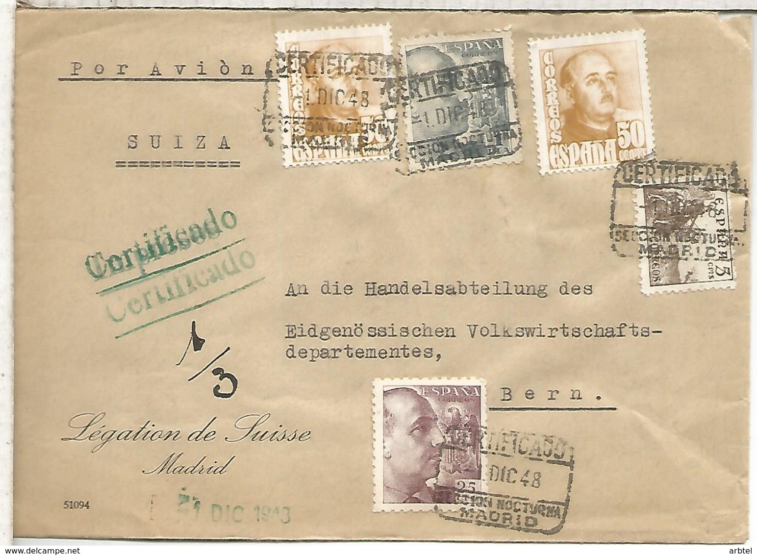 MADRID CC A SUIZA LEGATION DE SUISSE CERTIFICADA MAT SECCION NOCTURNA 1948 SELLOS FRANCO CID - Cartas & Documentos