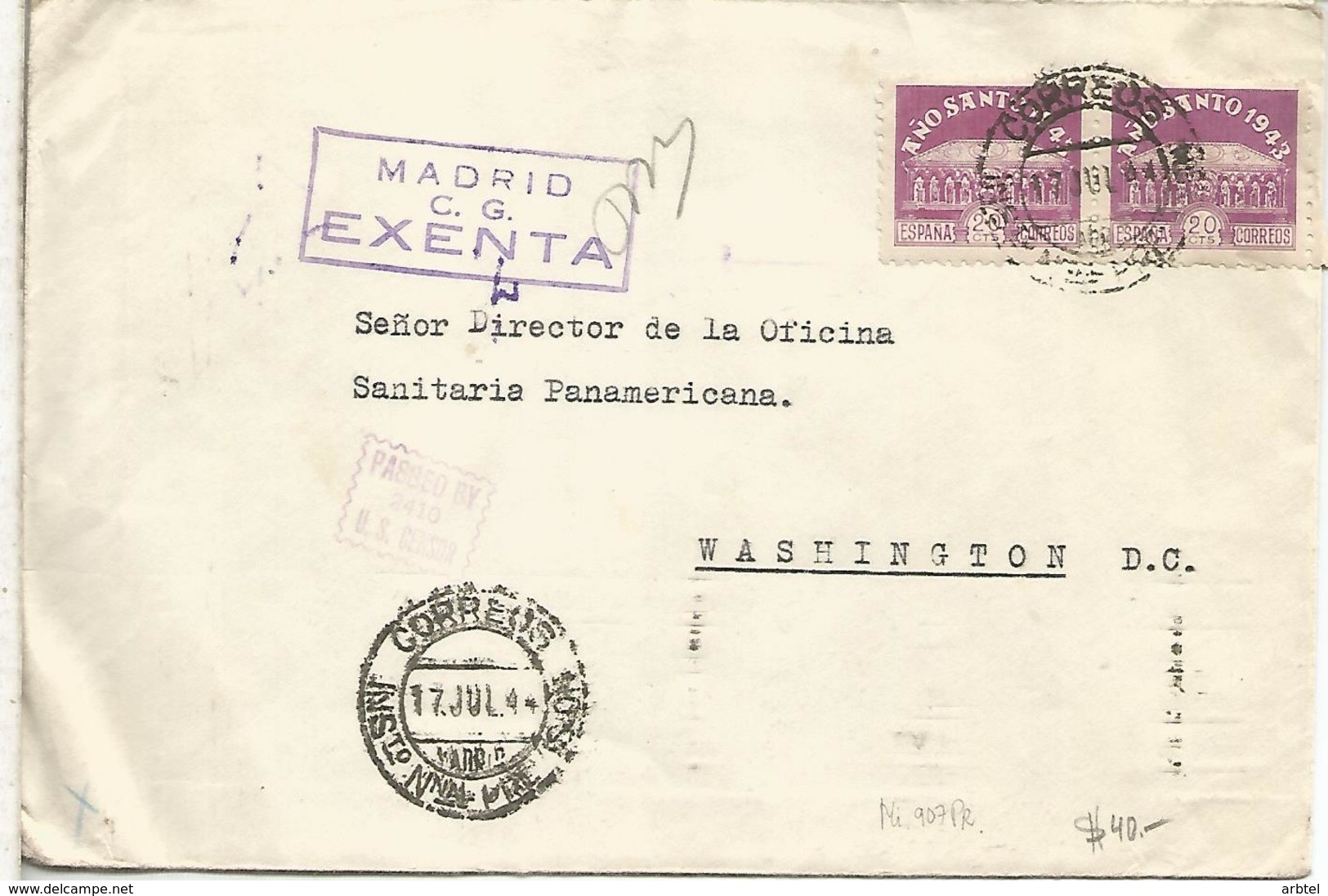 CC A USA 1944 MAT INSTITUTO NACIONAL DE PREVISION MADRID MARCA MADRID EXENTA CE DE CENSURA Y MARCA CENSURA USA - Lettres & Documents