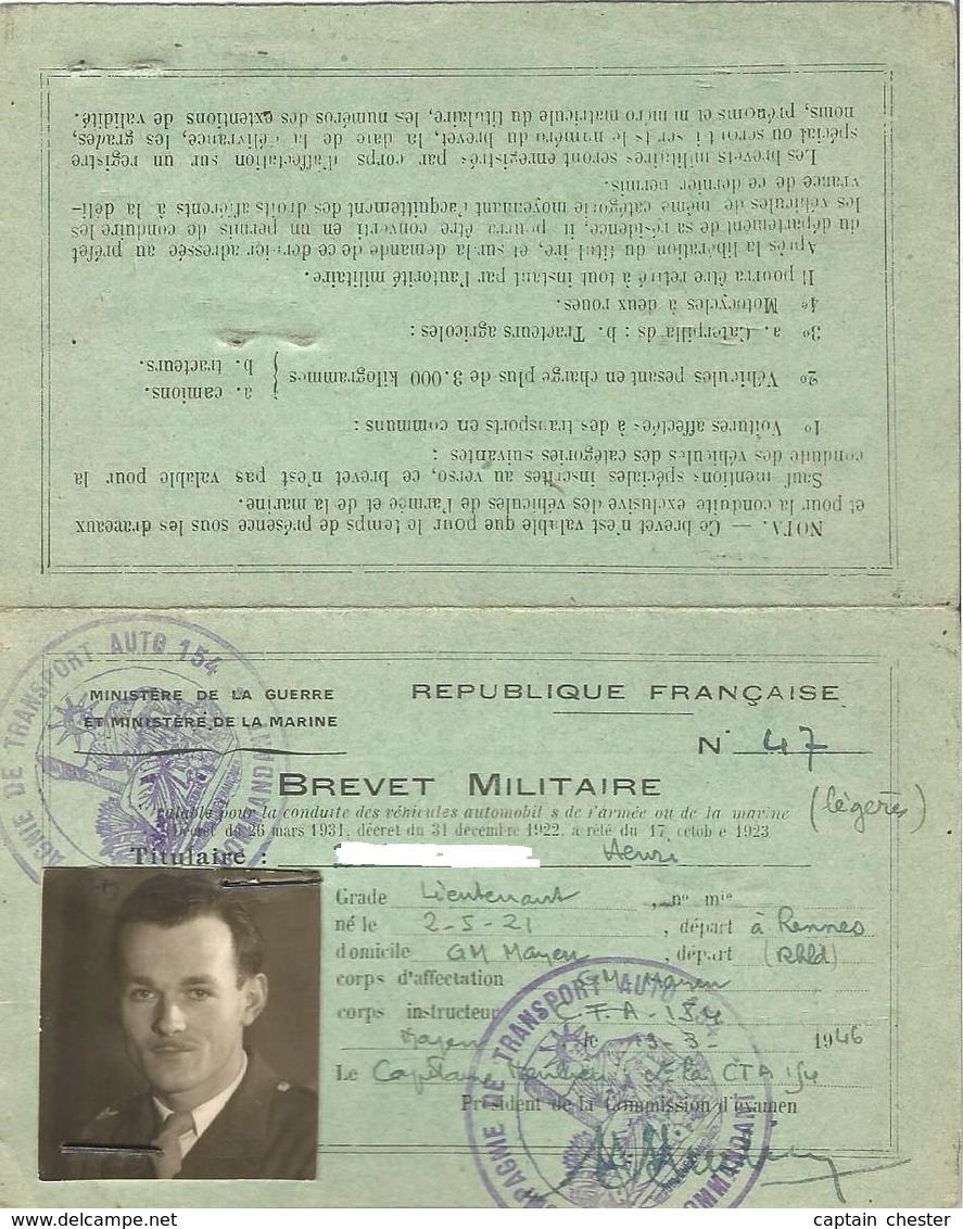 Permis De Conduire Militaire - CTA 154 Mayen (Allemagne) Délivré En 1946 - Documenten