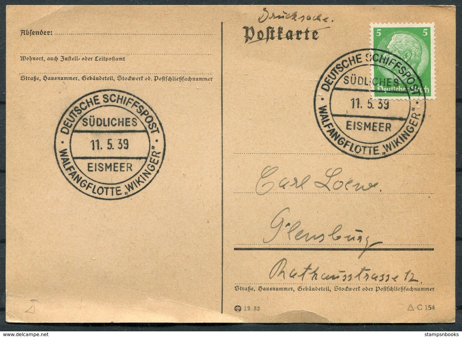 1939 Germany Deutsche Schiffspost Postcard. SUDLICHES EISMEER, Walfangflotte Wikinger - Cartas & Documentos