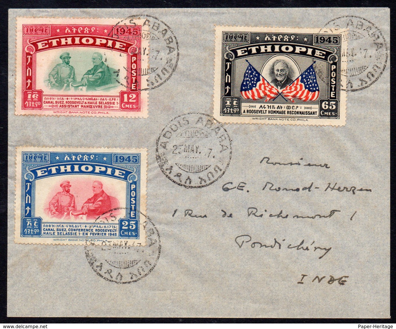 Ethiopia Cover To Pondichery India : 1947 Roosevelt Haile Selassie Flags Postage Set/3 First Day Cancels. - Ethiopia