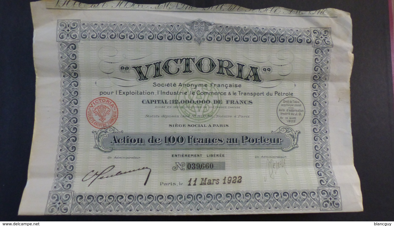 Victoria - Action De 100 Francs Au Porteur - 1922 - D - F
