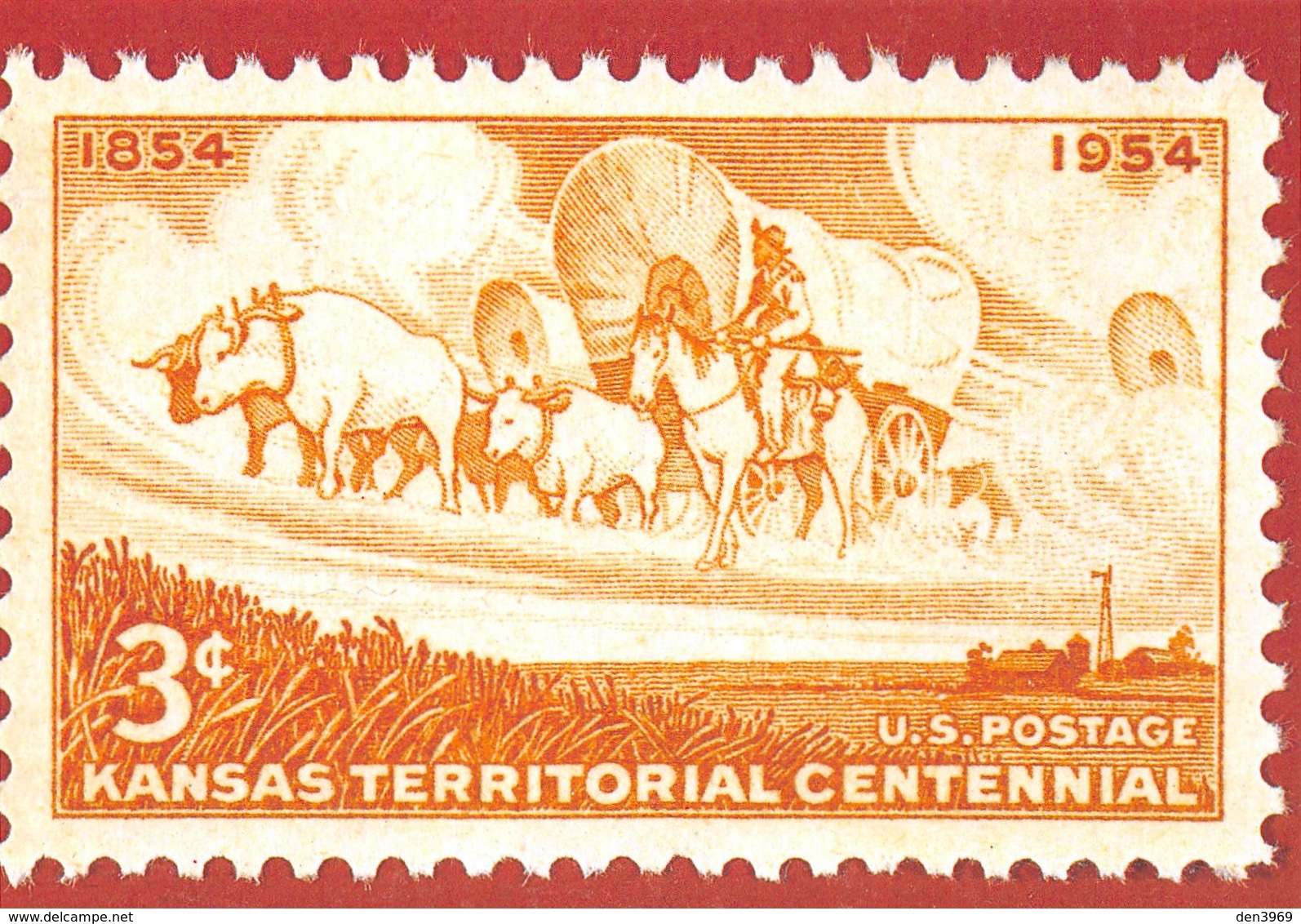 Philatélie - Reproduction De Timbre - U.S. Postage - Kansas Territorial Centennial 1954 - Attelage De Boeufs - Cowboy - Autres & Non Classés