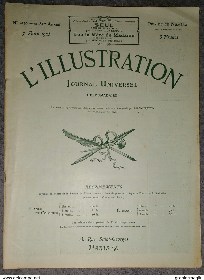 L'Illustration 4179 7 Avril 1923 Funérailles De Sarah Bernhardt/Mort Du Général Maunoury/Castellorizo/Rugby/Ruhr - L'Illustration