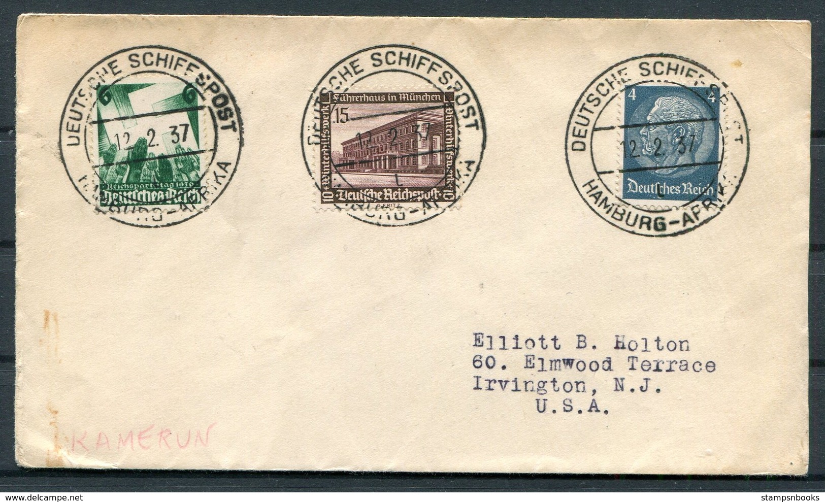 1937 Germany WHF Deutsche Schiffspost Ship Cover. Hamburg - Afrika KAMERUN - Briefe U. Dokumente