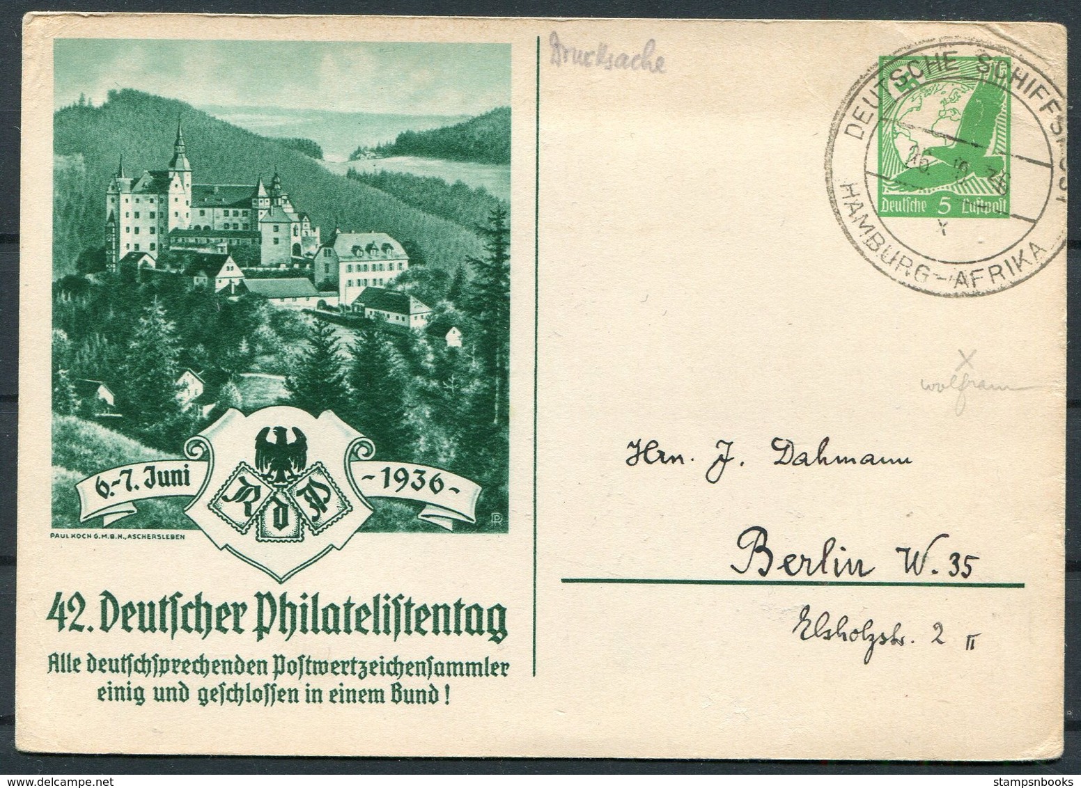 1936 Germany Deutsche Schiffspost Ship Stationery Postcard. Hamburg - Afrika WOLFRAM - Briefe U. Dokumente