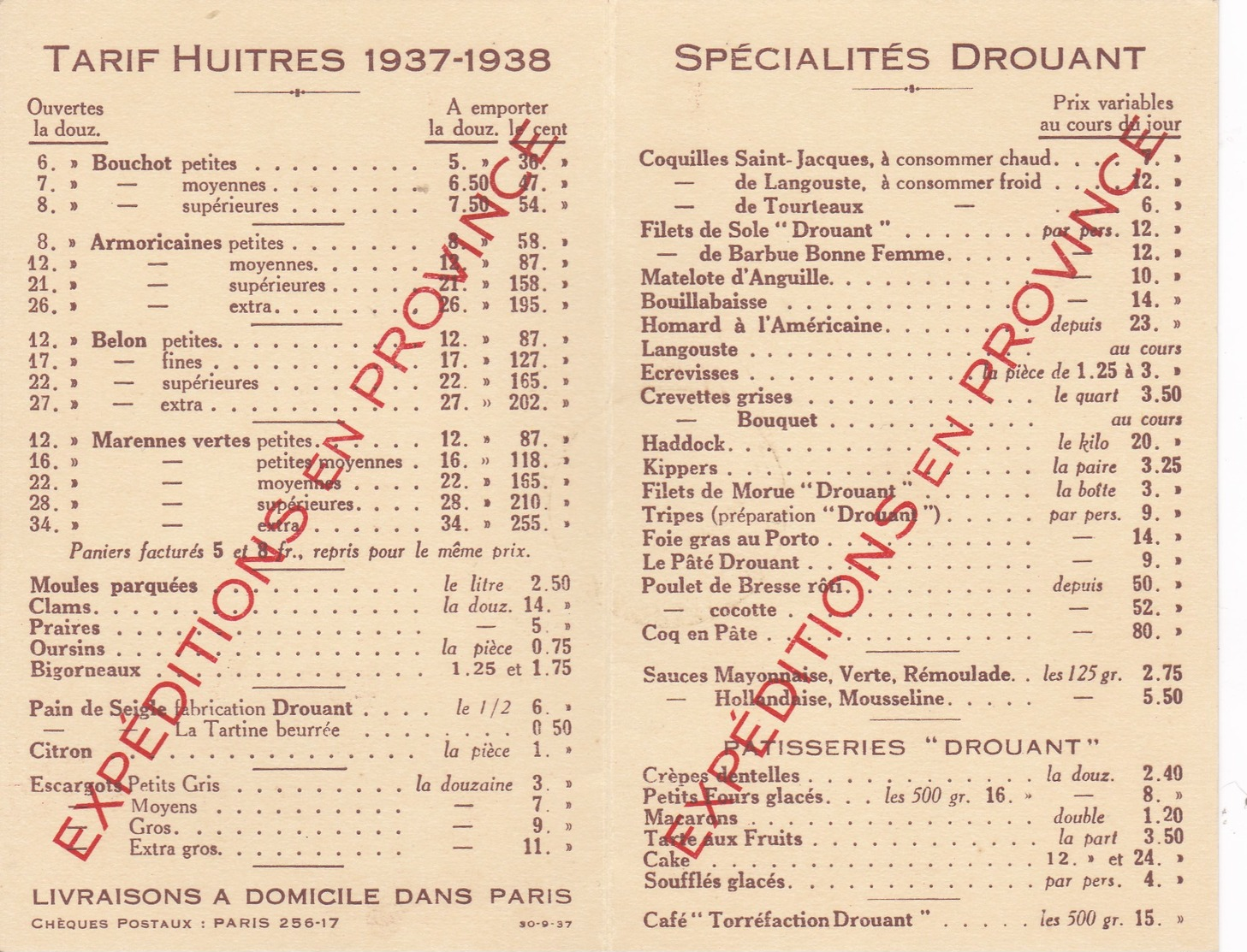 DROUANT ,PARIS 10eme ,restaurantmenu 1937-1938 - Menus