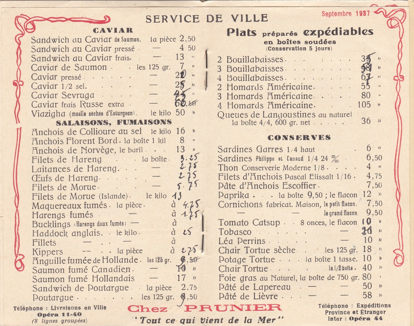 MAISON PRUNIER ,année 1937 , Taille Carte Postale - Menus