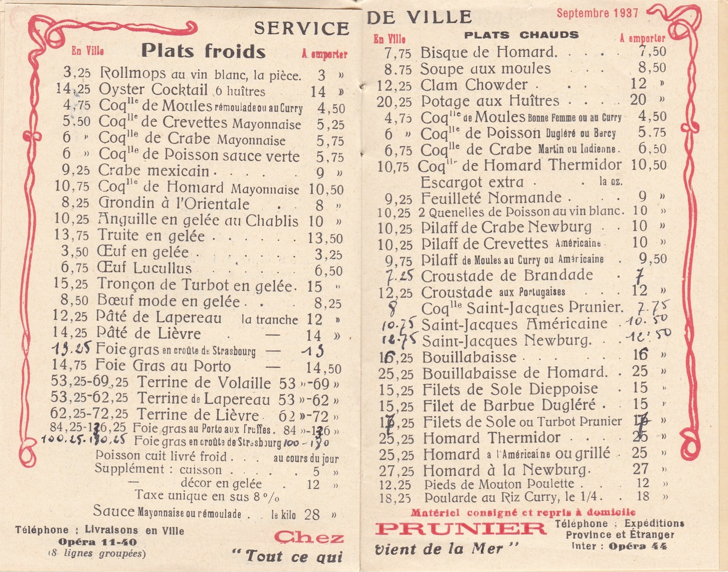 MAISON PRUNIER ,année 1937 , taille carte postale