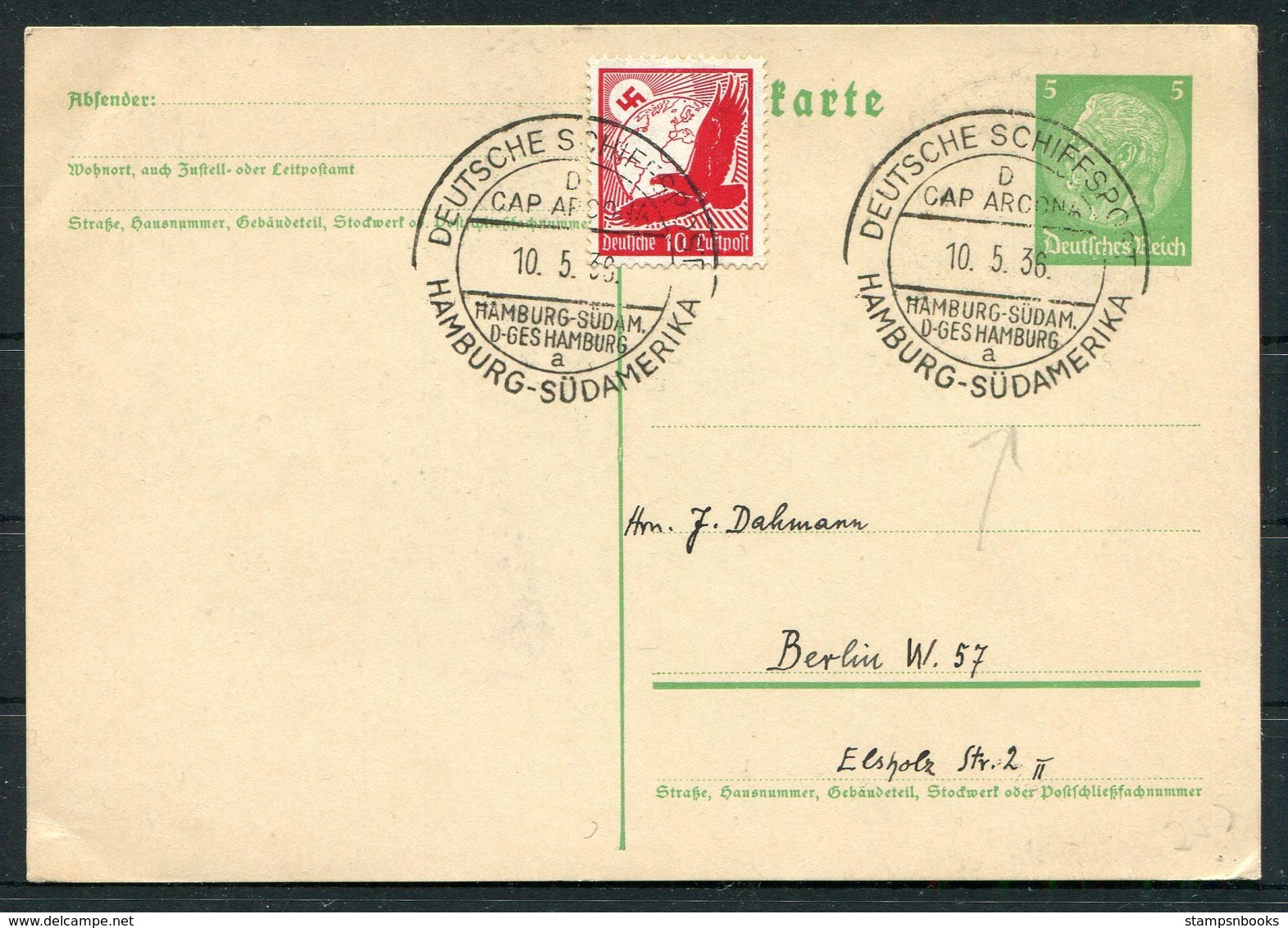 1936 Germany Deutsche Schiffspost Ship Stationery Postcard. Hamburg - Sud Amerika D. CAP ANCONA - Briefe U. Dokumente