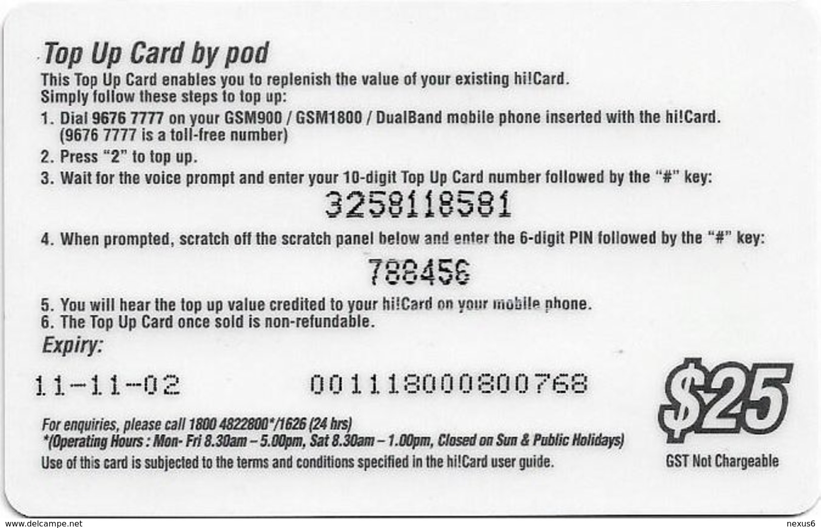 Singapore - Singtel (Hi!-Top Up) - Tomb Raider - Prepaid 25$, Exp. 11.11.2002, Used - Singapore