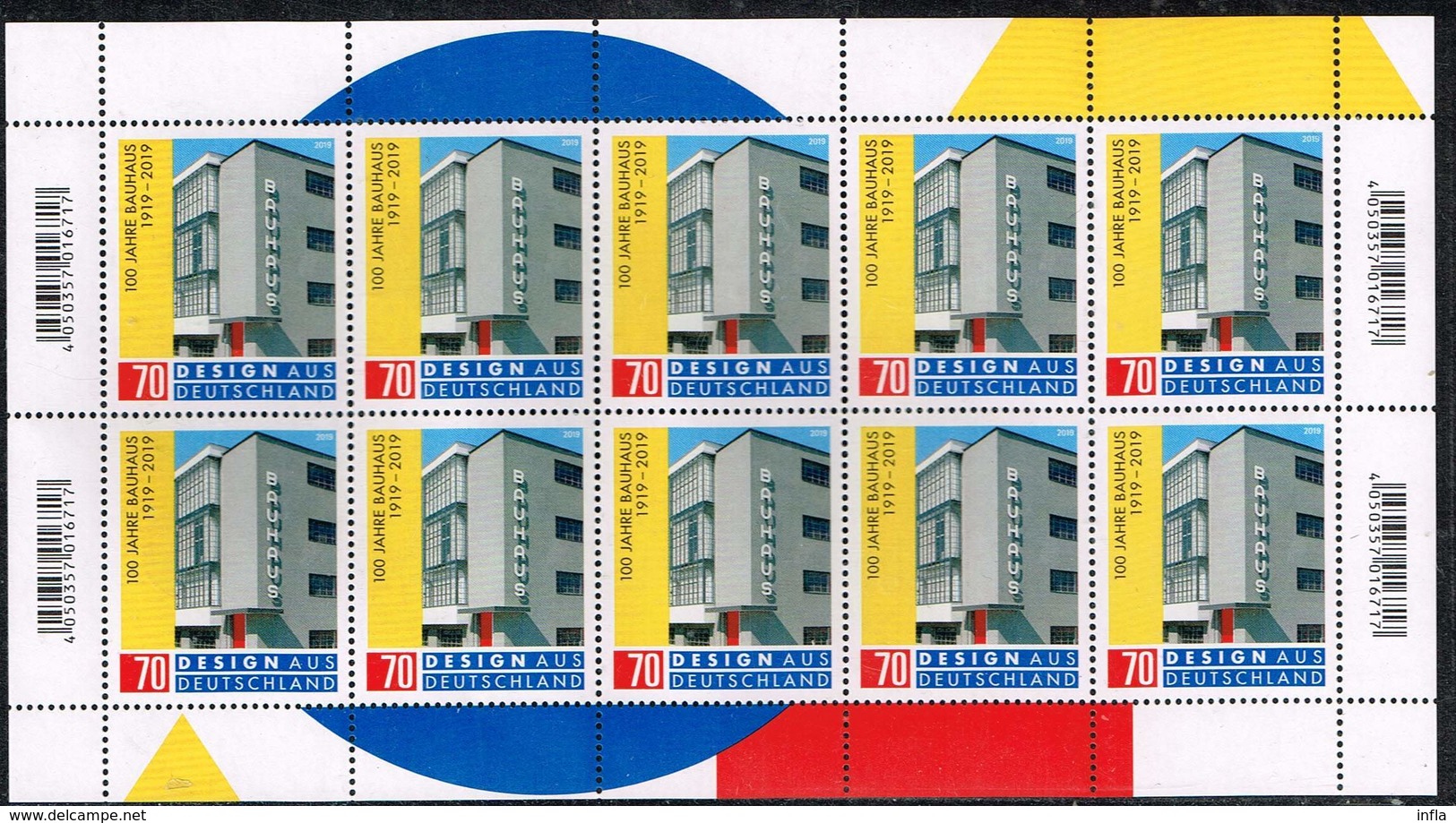 Bund 2019, Michel# 3453 ** Design In Deutschland: 100 Jahre Bauhaus Zehnerbogen - Nuevos