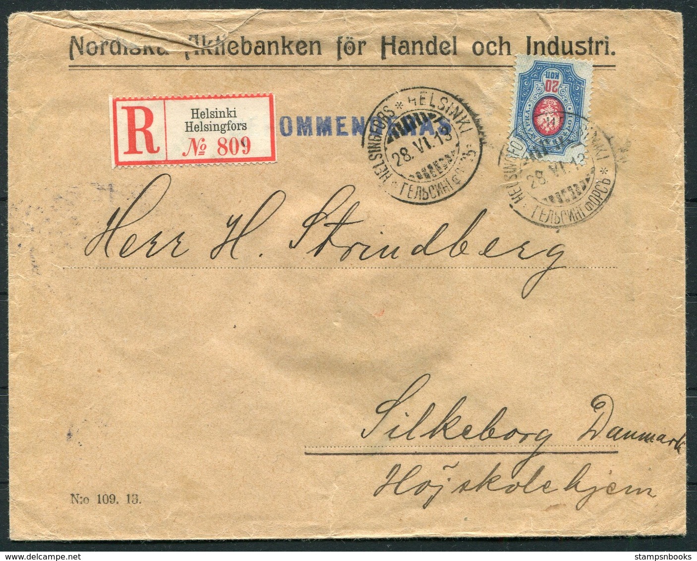 1913 Finland Registered Helsinki Bank Cover - Silkborg Denmark - Covers & Documents