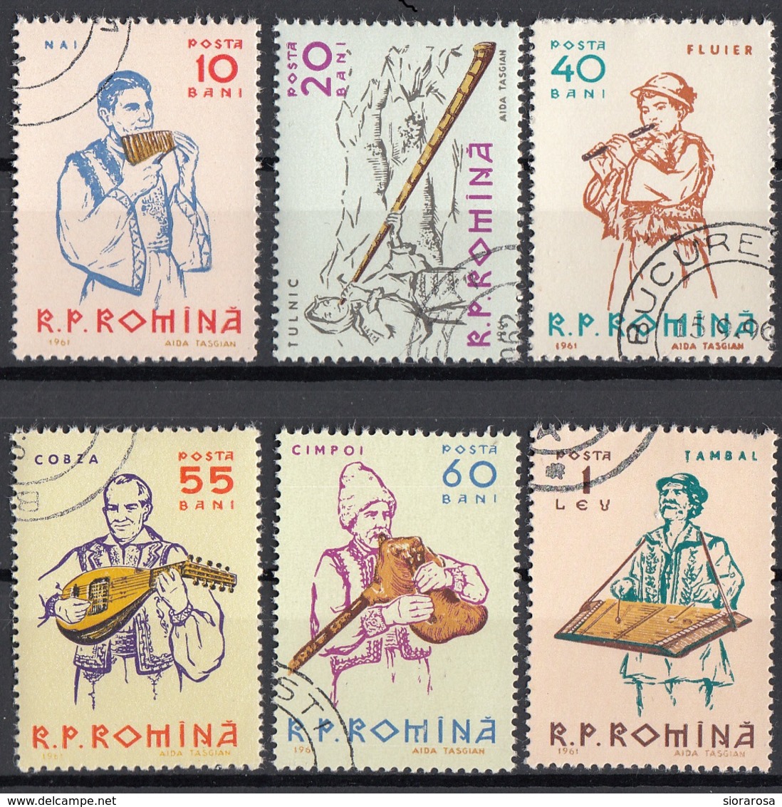 Romania 1961 Sc. 1436/1451 Contadini Strumenti Musicali Full Set CTO Flauto Chitarra Cornamusa Cetra... - Nuovi