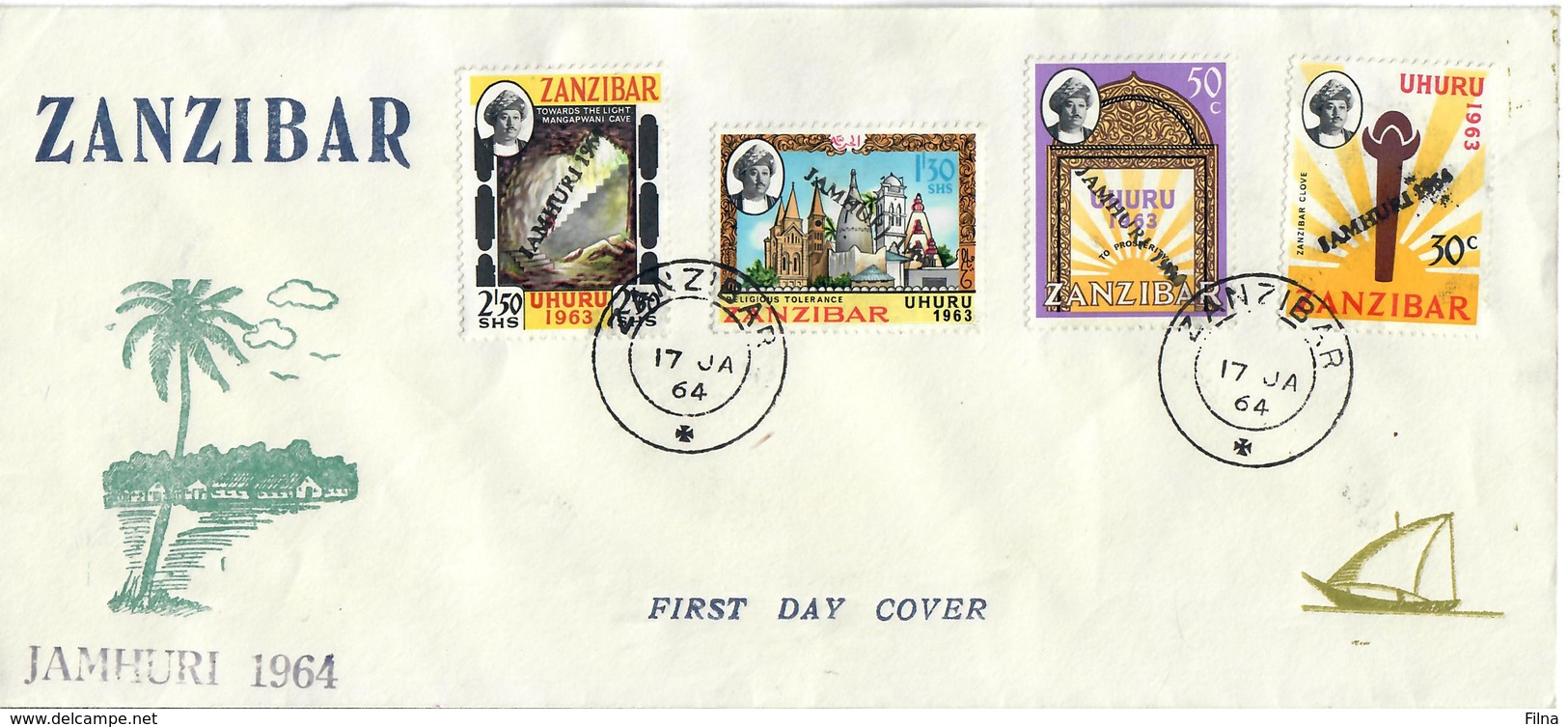 ZANZIBAR UHURU SOPRASTAMPATI JAMHURI 1964  - SERIE COMPLETA SU FDC - Zanzibar (1963-1968)