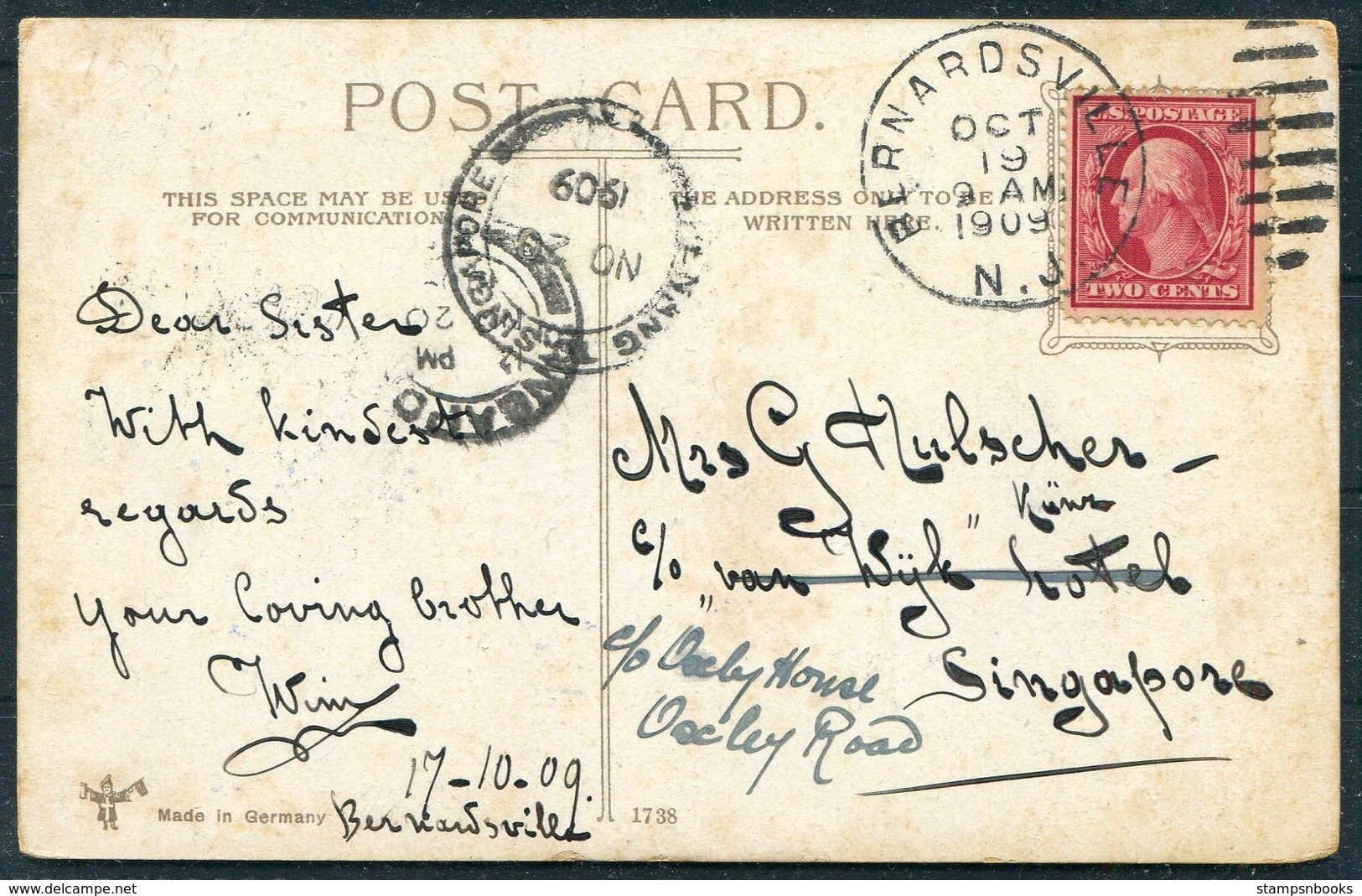 1909 USA Hotel Astor, New York Postcard. Bernardsville NJ - Singapore. Penang - Singapore Marine Sorting - Covers & Documents