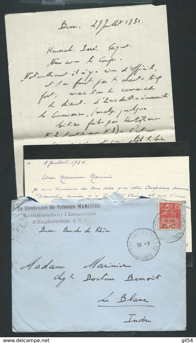 Lot De 2 Lacs Envoi Du Lieut De Vaisseau Du Commandant D'escadrille 4 E1 ( Aéronavalle ) En Juillet 1931 Lx35 - Scheepspost