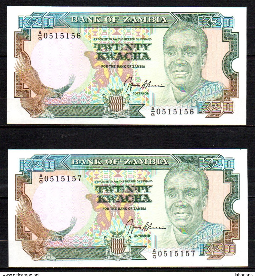 Zambie 2 Billets De 20 Kwacha 1991 AG051 Sig.9 N° Se Suivant, Neufs - Zambie