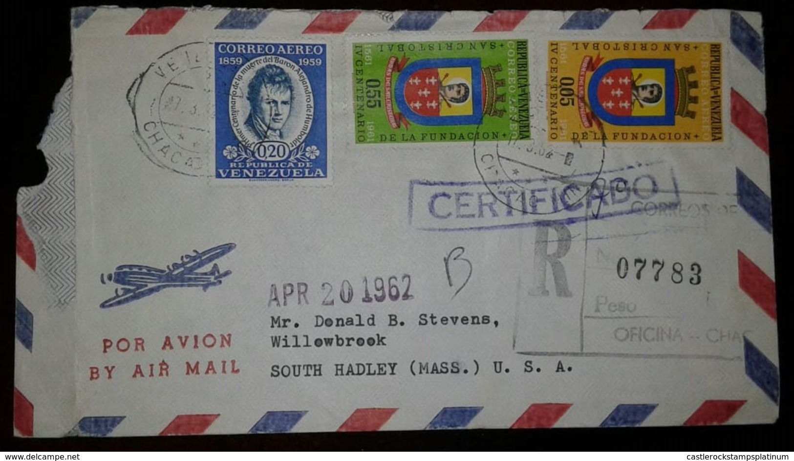 O) 1962 VENEZUELA, FROM CHACAO TO USA, AIRMAIL. ALEXANDER HUMBOLDT, ARMS OF SAN CRISTOBAL, XF - Venezuela