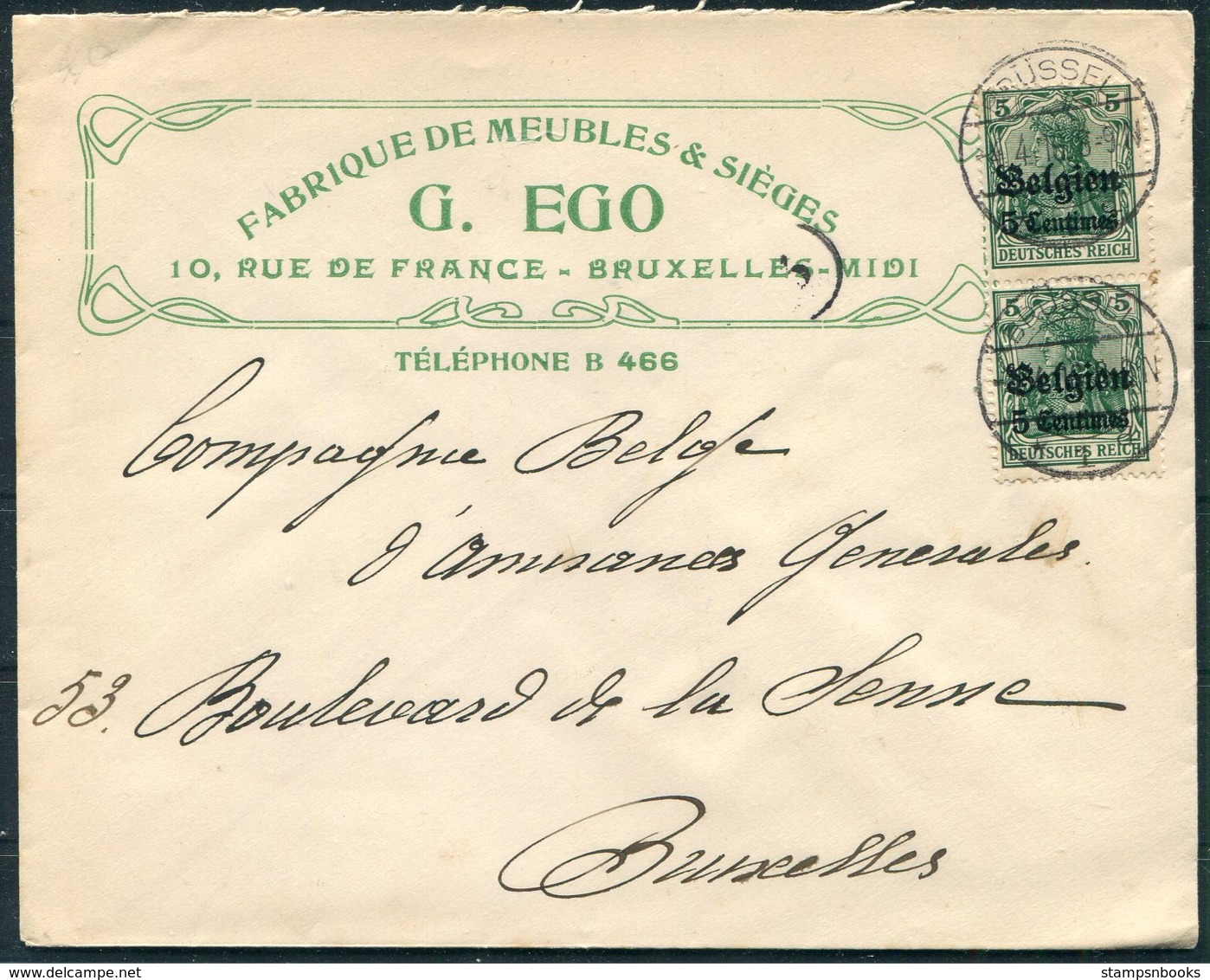 1916 Belgium G. Ego Fabrique De Meubles & Sieges Advertising Cover. Bruxelles. German Occupation Overprint - OC1/25 General Government