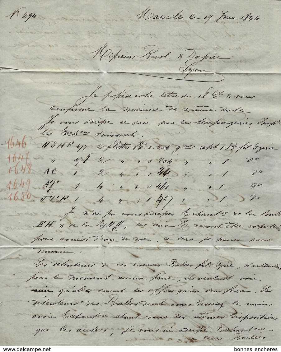 1866  NEGOCE COMMERCE DE FILS ECHANTILLONS SYRIE DeMarseille  Regis Revol Pour MM. Revol Et Dapier Filatures Lyon B.E. - 1800 – 1899