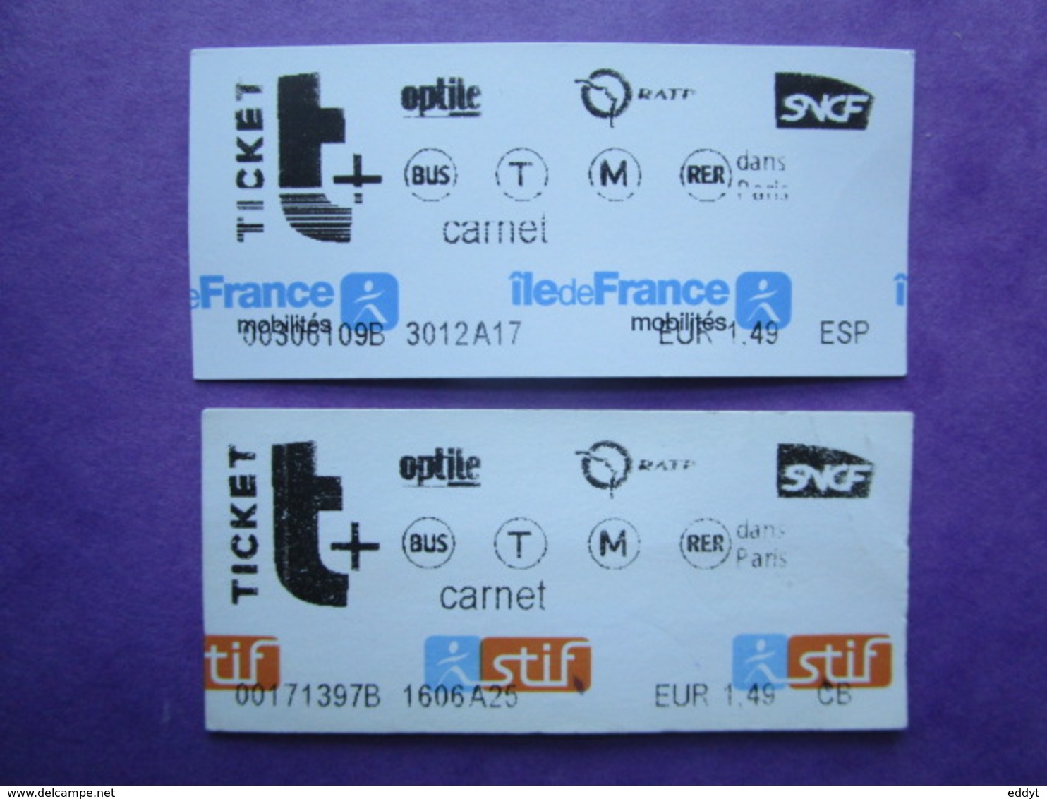 2 TICKETS  Métro Autobus Rer -  RATP - SNCF - PARIS -  2° Classe  - TBE - Monde