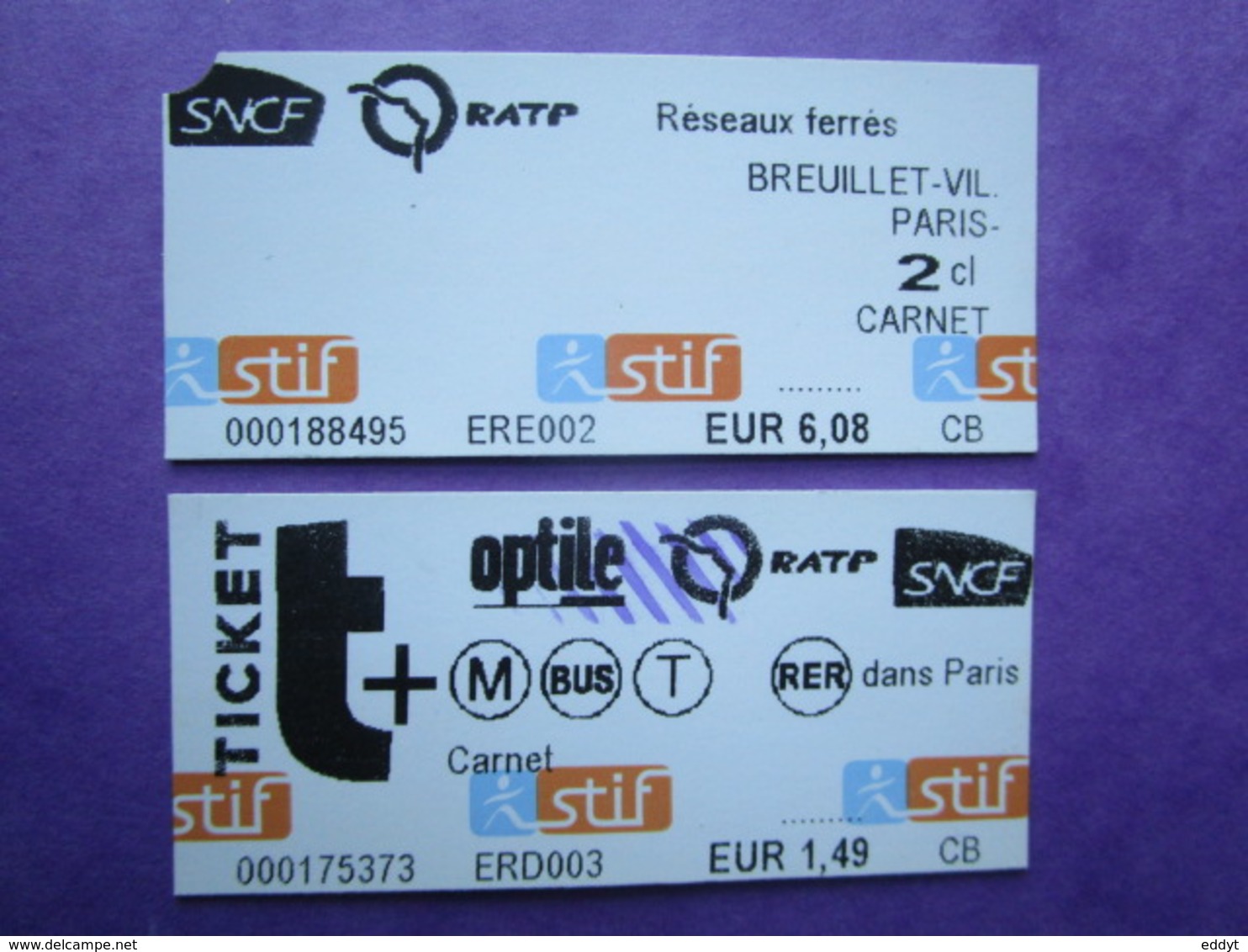 2 TICKETS  Métro Autobus Rer -  RATP - SNCF - PARIS -  2° Classe  - TBE - Monde