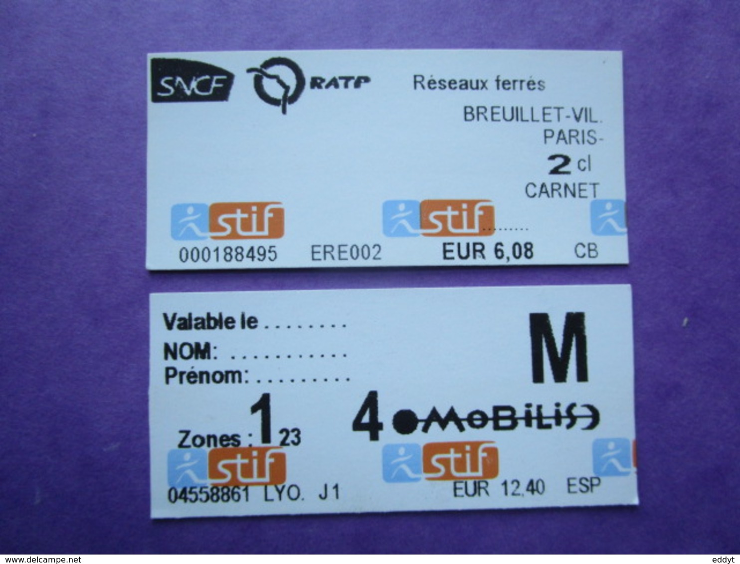 2 TICKETS  Métro Autobus Rer -  RATP - SNCF - PARIS -  2° Classe  - TBE - Monde