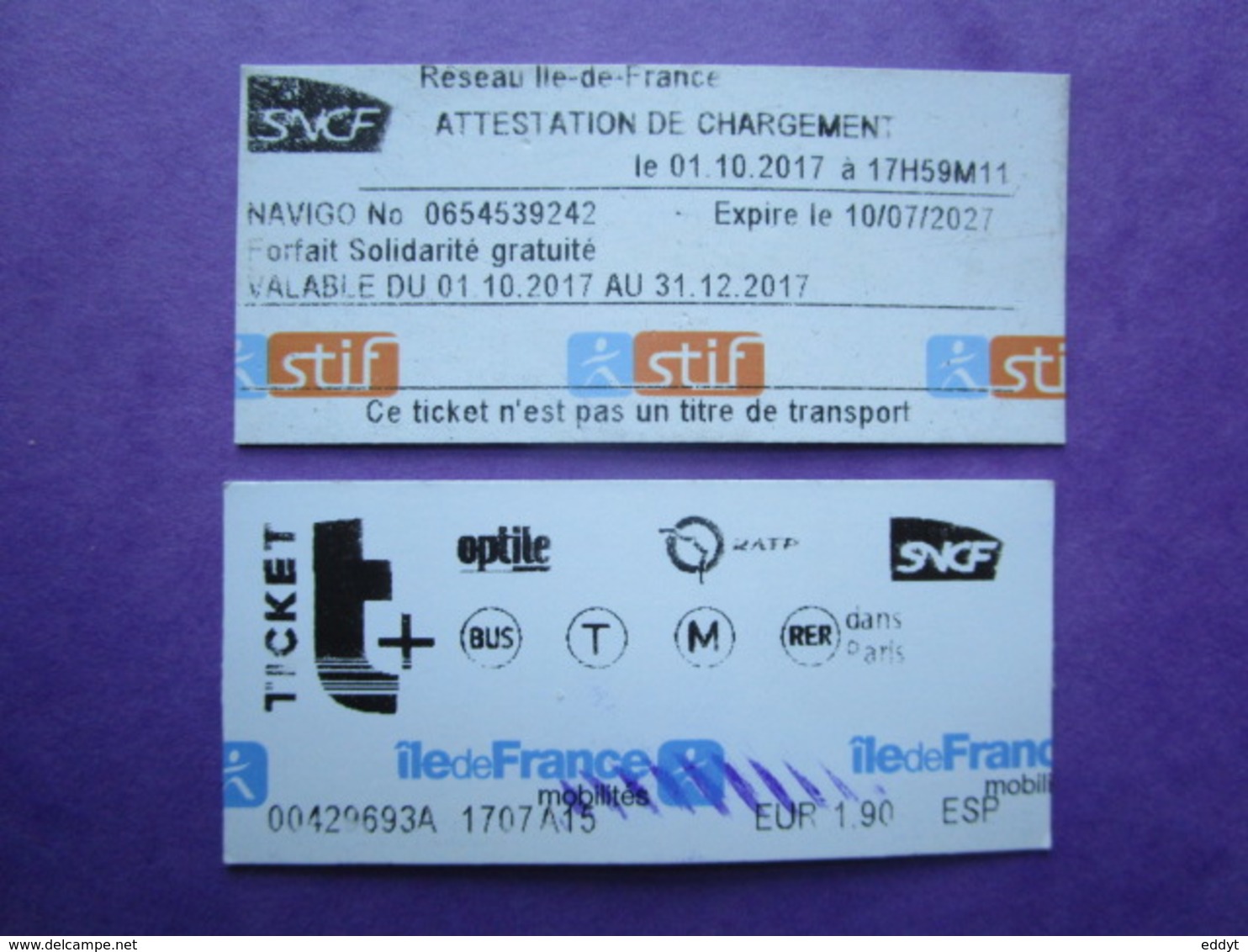 2 TICKETS  Métro Autobus Rer -  RATP - SNCF - PARIS -  2° Classe  - TBE - Mundo